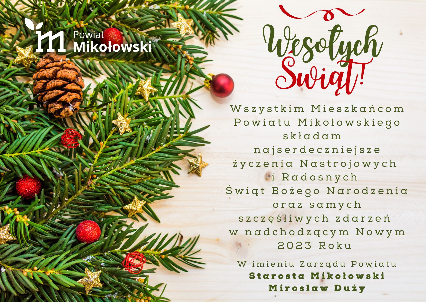 Życzenia Bożonarodzeniowe starosty mikołowskiego