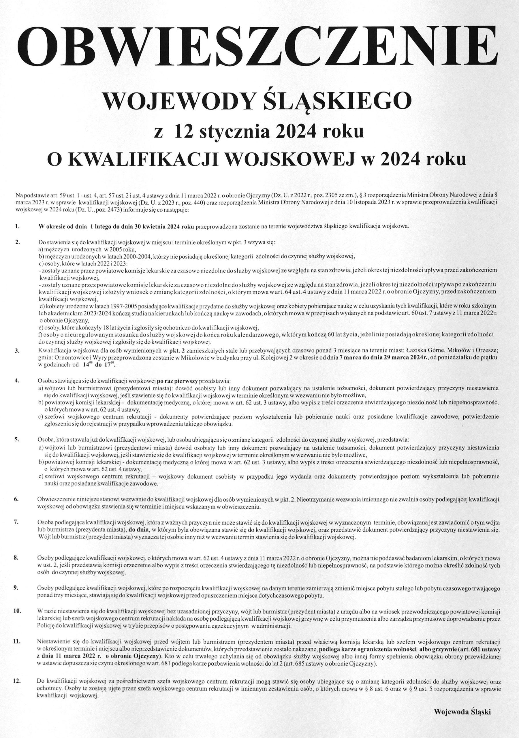 Obwieszczenie wojewody śląskiego o kwalifikacji wojskowej w 2024 roku